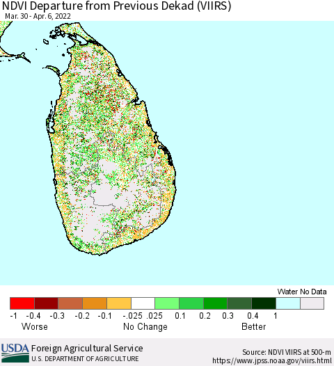 Sri Lanka NDVI Departure from Previous Dekad (VIIRS) Thematic Map For 4/1/2022 - 4/10/2022
