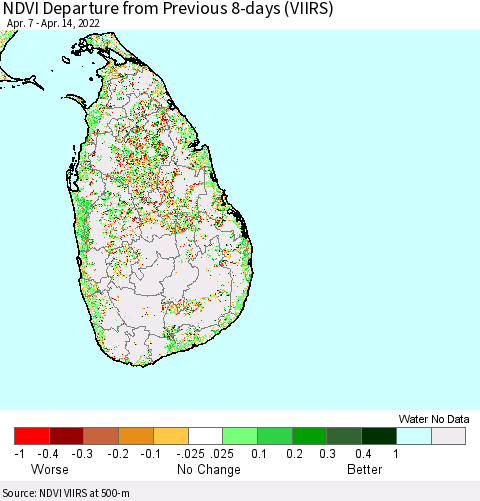 Sri Lanka NDVI Departure from Previous 8-days (VIIRS) Thematic Map For 4/7/2022 - 4/14/2022