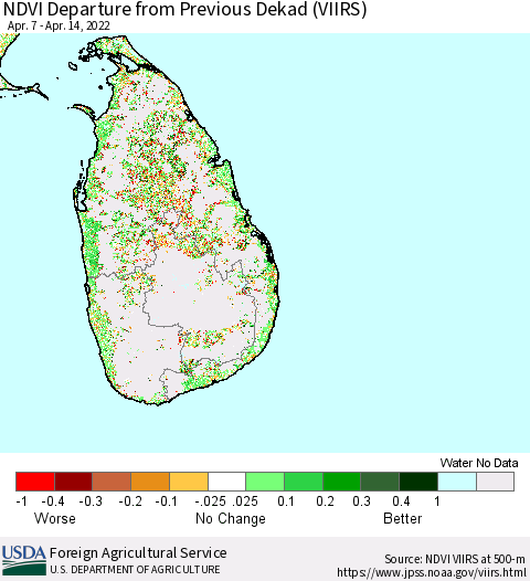 Sri Lanka NDVI Departure from Previous Dekad (VIIRS) Thematic Map For 4/11/2022 - 4/20/2022