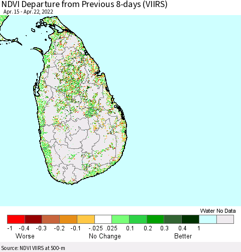 Sri Lanka NDVI Departure from Previous 8-days (VIIRS) Thematic Map For 4/15/2022 - 4/22/2022