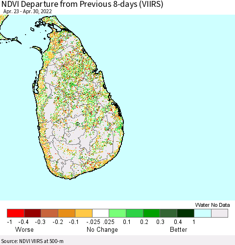 Sri Lanka NDVI Departure from Previous Dekad (VIIRS) Thematic Map For 4/21/2022 - 4/30/2022