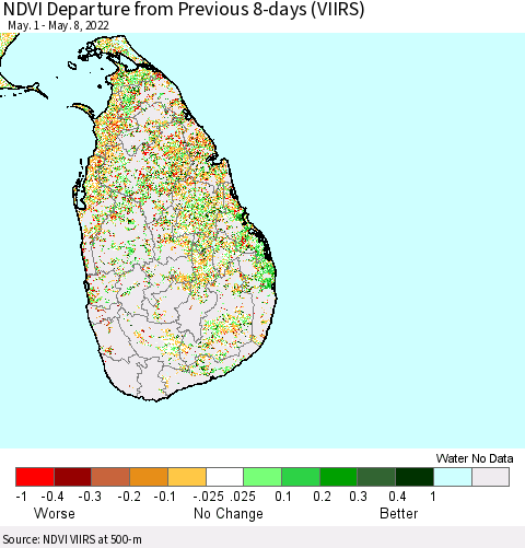 Sri Lanka NDVI Departure from Previous 8-days (VIIRS) Thematic Map For 5/1/2022 - 5/8/2022