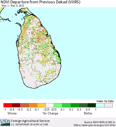 Sri Lanka NDVI Departure from Previous Dekad (VIIRS) Thematic Map For 5/1/2022 - 5/10/2022