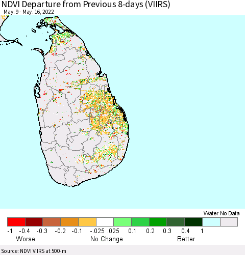 Sri Lanka NDVI Departure from Previous 8-days (VIIRS) Thematic Map For 5/9/2022 - 5/16/2022