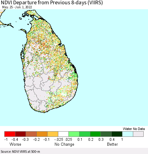 Sri Lanka NDVI Departure from Previous 8-days (VIIRS) Thematic Map For 5/25/2022 - 6/1/2022