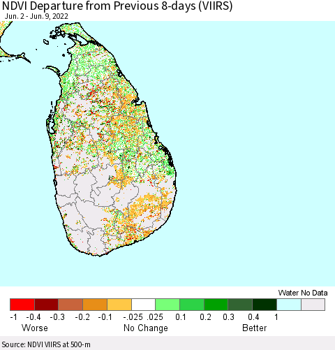 Sri Lanka NDVI Departure from Previous 8-days (VIIRS) Thematic Map For 6/2/2022 - 6/9/2022
