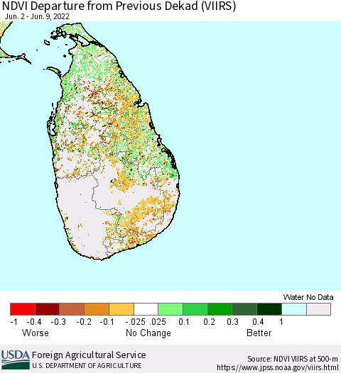 Sri Lanka NDVI Departure from Previous Dekad (VIIRS) Thematic Map For 6/1/2022 - 6/10/2022