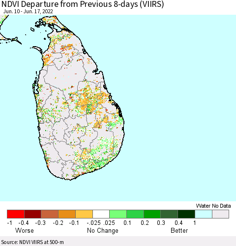 Sri Lanka NDVI Departure from Previous 8-days (VIIRS) Thematic Map For 6/10/2022 - 6/17/2022