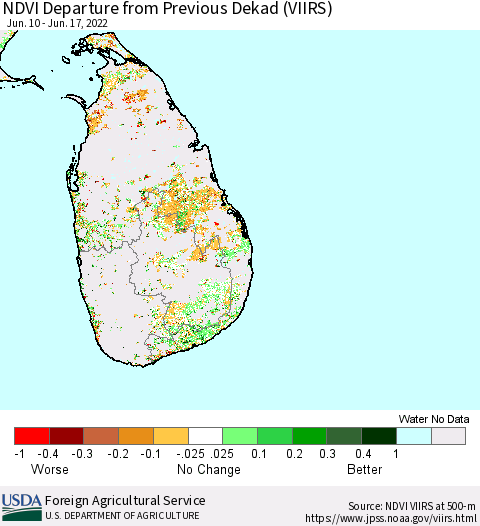 Sri Lanka NDVI Departure from Previous Dekad (VIIRS) Thematic Map For 6/11/2022 - 6/20/2022