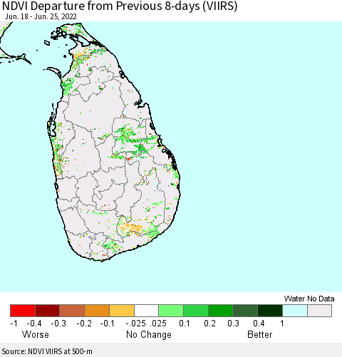 Sri Lanka NDVI Departure from Previous 8-days (VIIRS) Thematic Map For 6/18/2022 - 6/25/2022