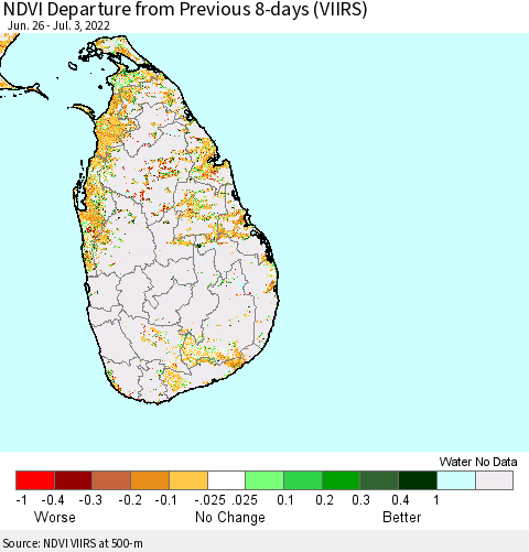 Sri Lanka NDVI Departure from Previous 8-days (VIIRS) Thematic Map For 6/26/2022 - 7/3/2022