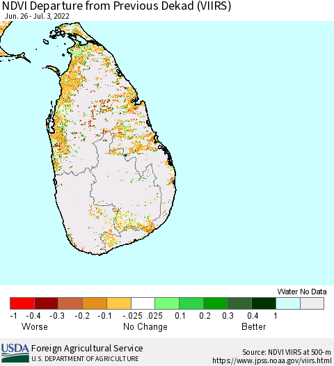 Sri Lanka NDVI Departure from Previous Dekad (VIIRS) Thematic Map For 7/1/2022 - 7/10/2022