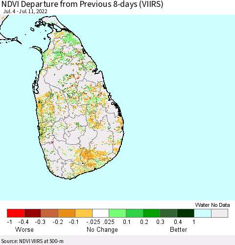 Sri Lanka NDVI Departure from Previous 8-days (VIIRS) Thematic Map For 7/4/2022 - 7/11/2022