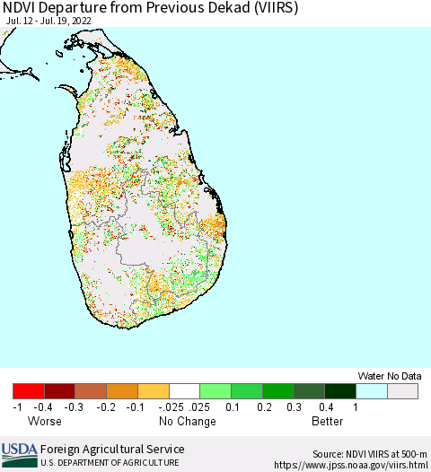Sri Lanka NDVI Departure from Previous Dekad (VIIRS) Thematic Map For 7/11/2022 - 7/20/2022