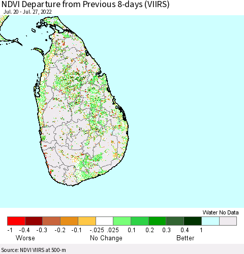 Sri Lanka NDVI Departure from Previous 8-days (VIIRS) Thematic Map For 7/20/2022 - 7/27/2022