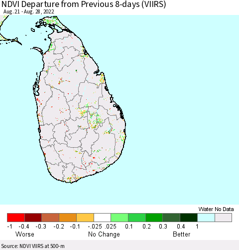 Sri Lanka NDVI Departure from Previous 8-days (VIIRS) Thematic Map For 8/21/2022 - 8/28/2022