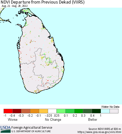 Sri Lanka NDVI Departure from Previous Dekad (VIIRS) Thematic Map For 8/21/2022 - 8/31/2022