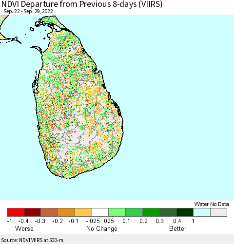 Sri Lanka NDVI Departure from Previous 8-days (VIIRS) Thematic Map For 9/22/2022 - 9/29/2022
