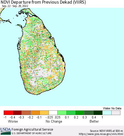 Sri Lanka NDVI Departure from Previous Dekad (VIIRS) Thematic Map For 9/21/2022 - 9/30/2022