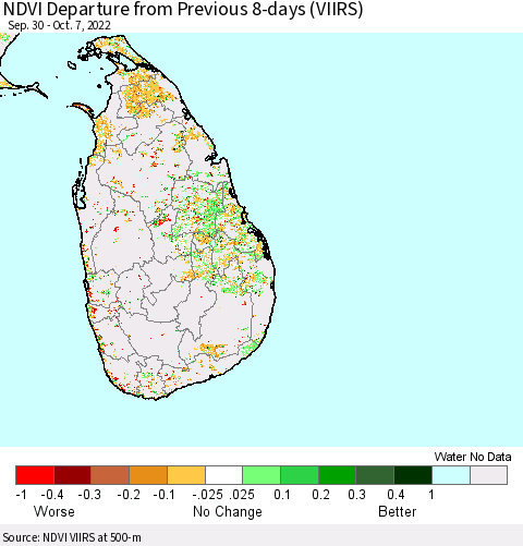 Sri Lanka NDVI Departure from Previous 8-days (VIIRS) Thematic Map For 9/30/2022 - 10/7/2022