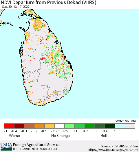 Sri Lanka NDVI Departure from Previous Dekad (VIIRS) Thematic Map For 10/1/2022 - 10/10/2022