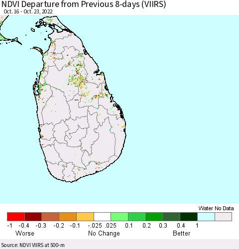 Sri Lanka NDVI Departure from Previous 8-days (VIIRS) Thematic Map For 10/16/2022 - 10/23/2022