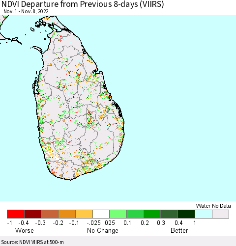 Sri Lanka NDVI Departure from Previous 8-days (VIIRS) Thematic Map For 11/1/2022 - 11/8/2022