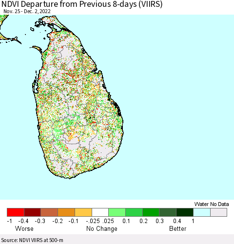 Sri Lanka NDVI Departure from Previous 8-days (VIIRS) Thematic Map For 11/25/2022 - 12/2/2022