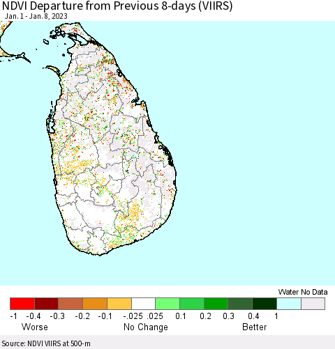 Sri Lanka NDVI Departure from Previous 8-days (VIIRS) Thematic Map For 1/1/2023 - 1/8/2023