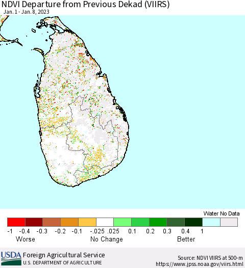 Sri Lanka NDVI Departure from Previous Dekad (VIIRS) Thematic Map For 1/1/2023 - 1/10/2023