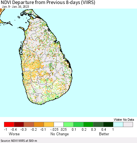 Sri Lanka NDVI Departure from Previous 8-days (VIIRS) Thematic Map For 1/9/2023 - 1/16/2023