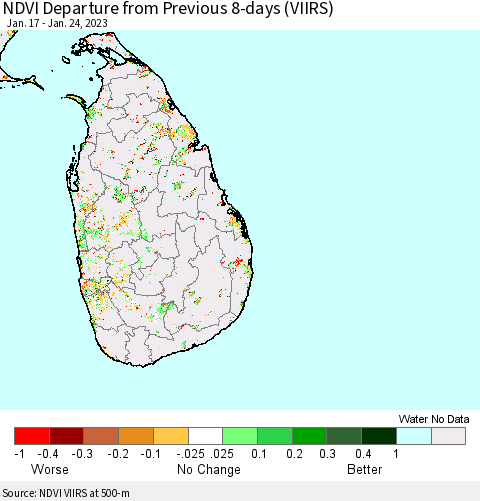 Sri Lanka NDVI Departure from Previous 8-days (VIIRS) Thematic Map For 1/17/2023 - 1/24/2023