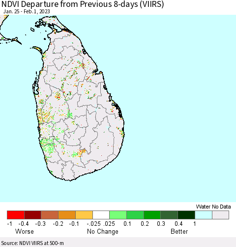 Sri Lanka NDVI Departure from Previous 8-days (VIIRS) Thematic Map For 1/25/2023 - 2/1/2023