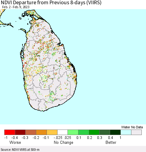 Sri Lanka NDVI Departure from Previous 8-days (VIIRS) Thematic Map For 2/2/2023 - 2/9/2023