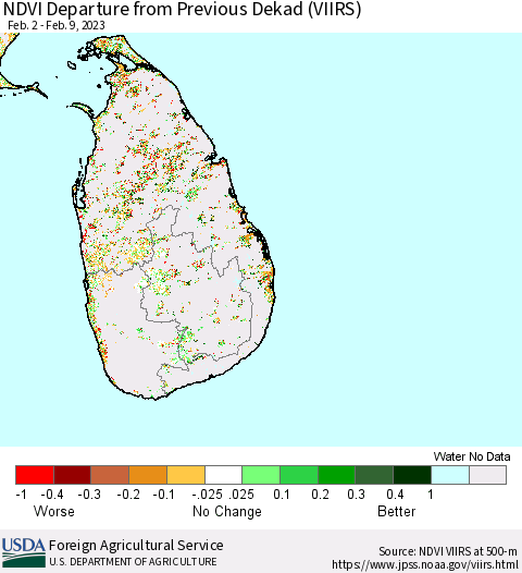 Sri Lanka NDVI Departure from Previous Dekad (VIIRS) Thematic Map For 2/1/2023 - 2/10/2023