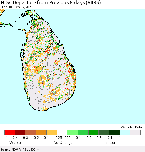 Sri Lanka NDVI Departure from Previous 8-days (VIIRS) Thematic Map For 2/10/2023 - 2/17/2023