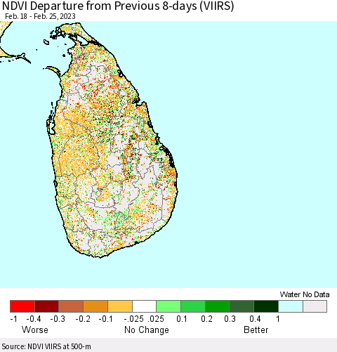 Sri Lanka NDVI Departure from Previous 8-days (VIIRS) Thematic Map For 2/18/2023 - 2/25/2023