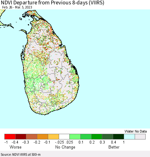 Sri Lanka NDVI Departure from Previous 8-days (VIIRS) Thematic Map For 2/26/2023 - 3/5/2023