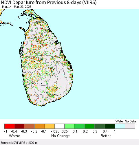 Sri Lanka NDVI Departure from Previous 8-days (VIIRS) Thematic Map For 3/14/2023 - 3/21/2023