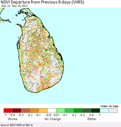 Sri Lanka NDVI Departure from Previous 8-days (VIIRS) Thematic Map For 3/22/2023 - 3/29/2023