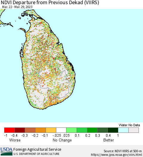 Sri Lanka NDVI Departure from Previous Dekad (VIIRS) Thematic Map For 3/21/2023 - 3/31/2023