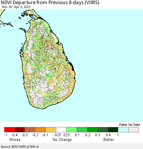 Sri Lanka NDVI Departure from Previous 8-days (VIIRS) Thematic Map For 3/30/2023 - 4/6/2023