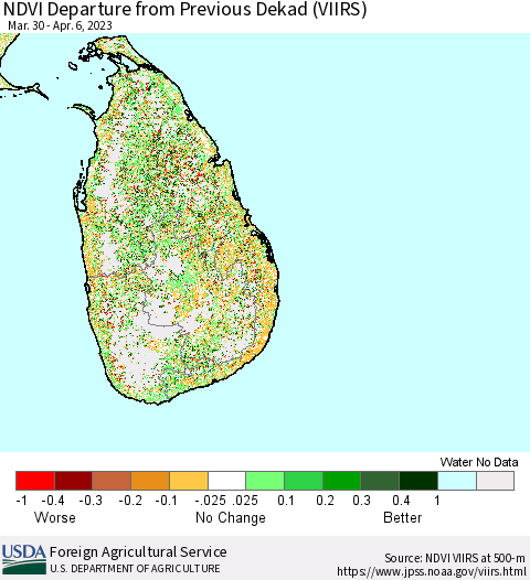 Sri Lanka NDVI Departure from Previous Dekad (VIIRS) Thematic Map For 4/1/2023 - 4/10/2023