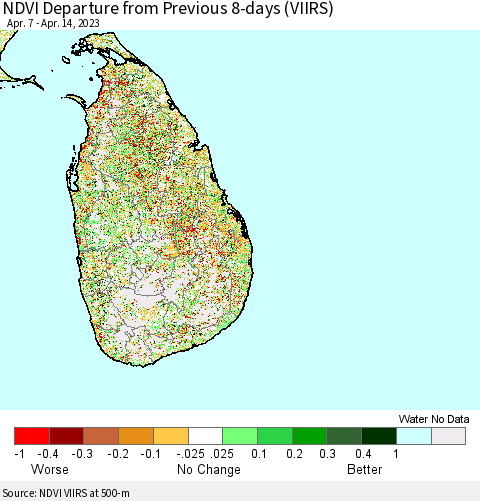 Sri Lanka NDVI Departure from Previous 8-days (VIIRS) Thematic Map For 4/7/2023 - 4/14/2023