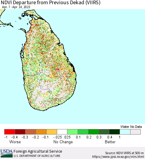Sri Lanka NDVI Departure from Previous Dekad (VIIRS) Thematic Map For 4/11/2023 - 4/20/2023