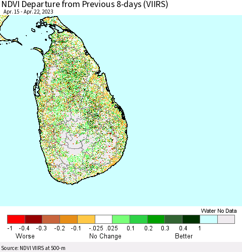 Sri Lanka NDVI Departure from Previous 8-days (VIIRS) Thematic Map For 4/15/2023 - 4/22/2023