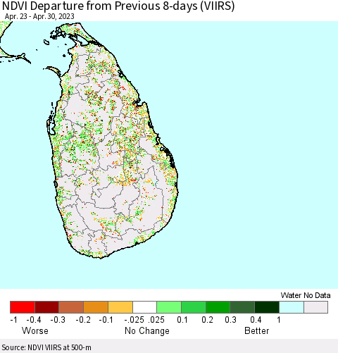 Sri Lanka NDVI Departure from Previous Dekad (VIIRS) Thematic Map For 4/21/2023 - 4/30/2023