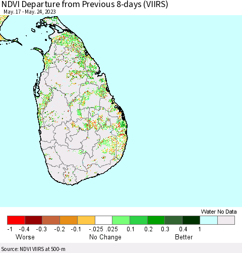 Sri Lanka NDVI Departure from Previous 8-days (VIIRS) Thematic Map For 5/17/2023 - 5/24/2023