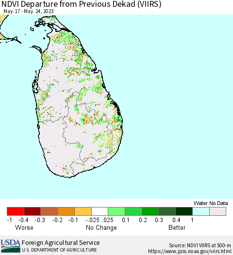 Sri Lanka NDVI Departure from Previous Dekad (VIIRS) Thematic Map For 5/21/2023 - 5/31/2023