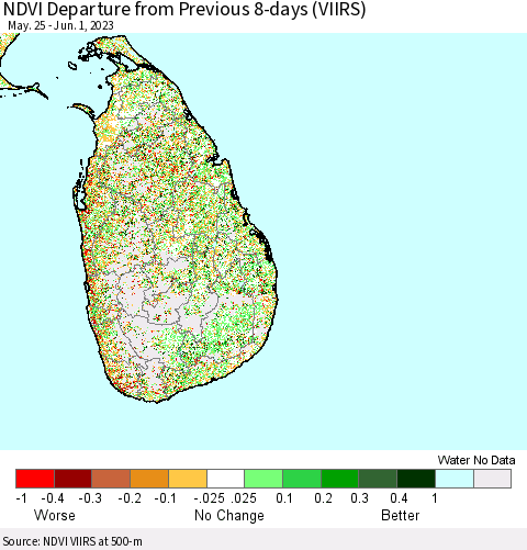 Sri Lanka NDVI Departure from Previous 8-days (VIIRS) Thematic Map For 5/25/2023 - 6/1/2023
